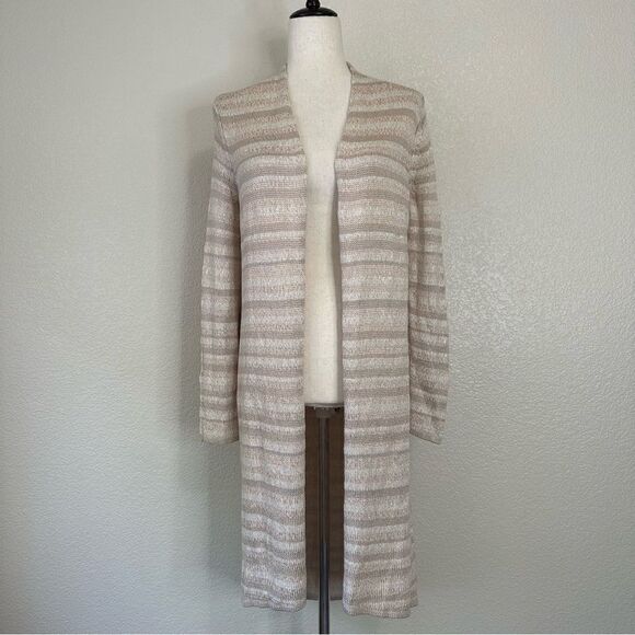 Chico's Kennedy Subtle Striped Textured Open Front Long Cardigan - Picture 2 of 13